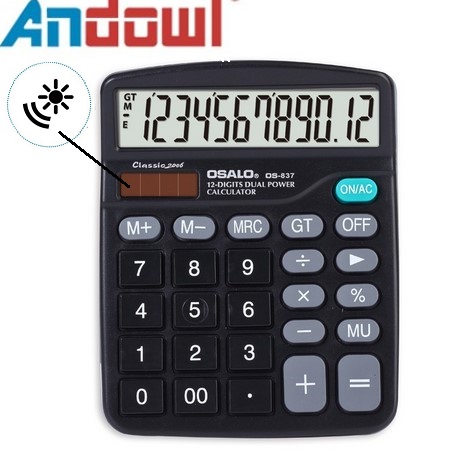Andowl® Αριθμομηχανή Γραφείου με LCD Οθόνη 12 Ψηφίων Ηλιακά Επαναφορτιζόμενη & με Μπαταρία - PN-837